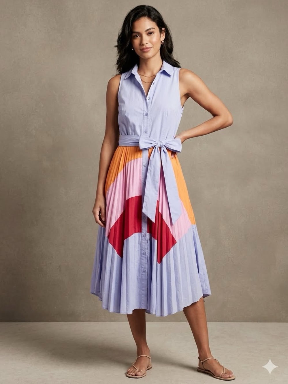 INA Colorblock Asymmetric Sleeveless Midi Shirtdress Small